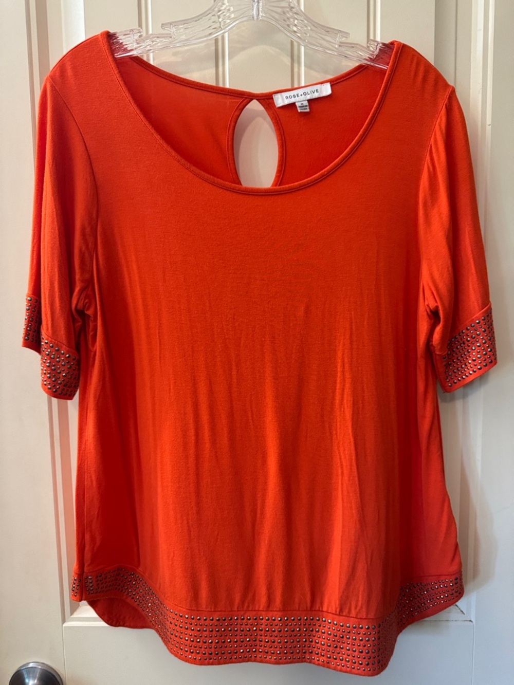 Rose & Olive Women's Bright Orange Scoop Neck Top with Stud Detail